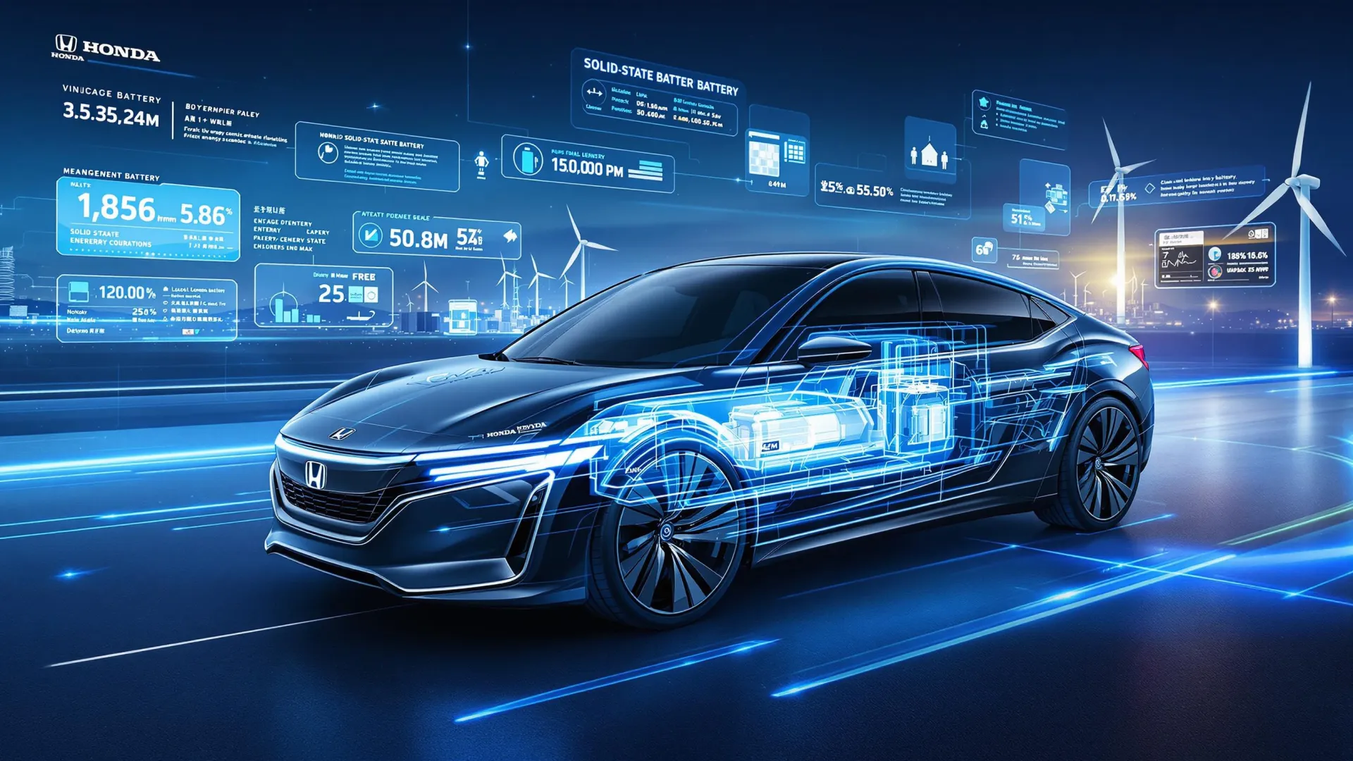 Schéma d'une voiture Honda électrique avec batterie solide