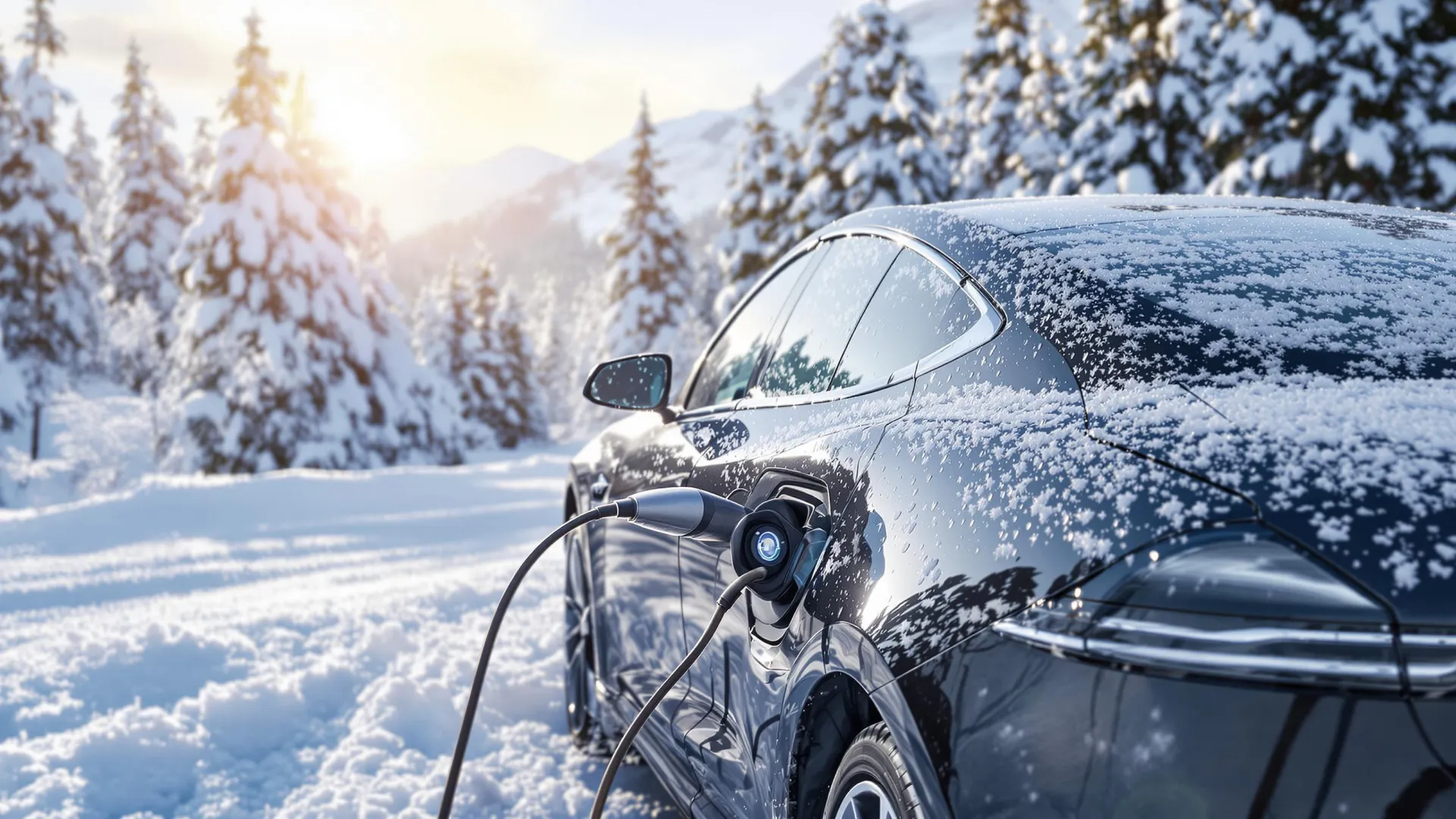 Voiture en pleine recharge sous la neige en montagne