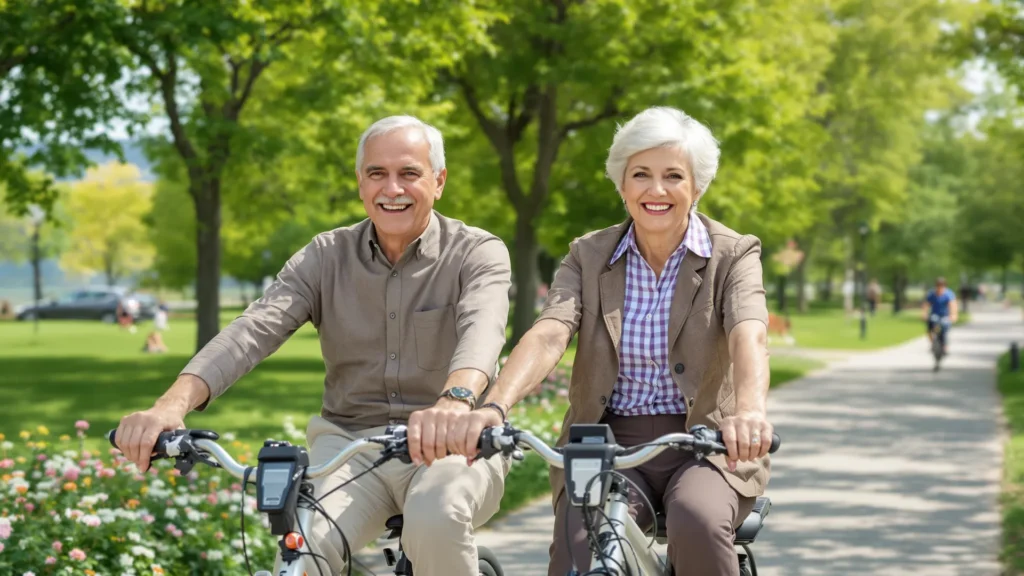 Un couple de seniors en vélo électrique