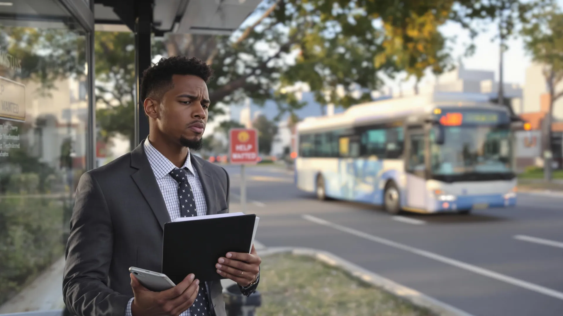 Un jeune homme en costume à un arrêt de bus