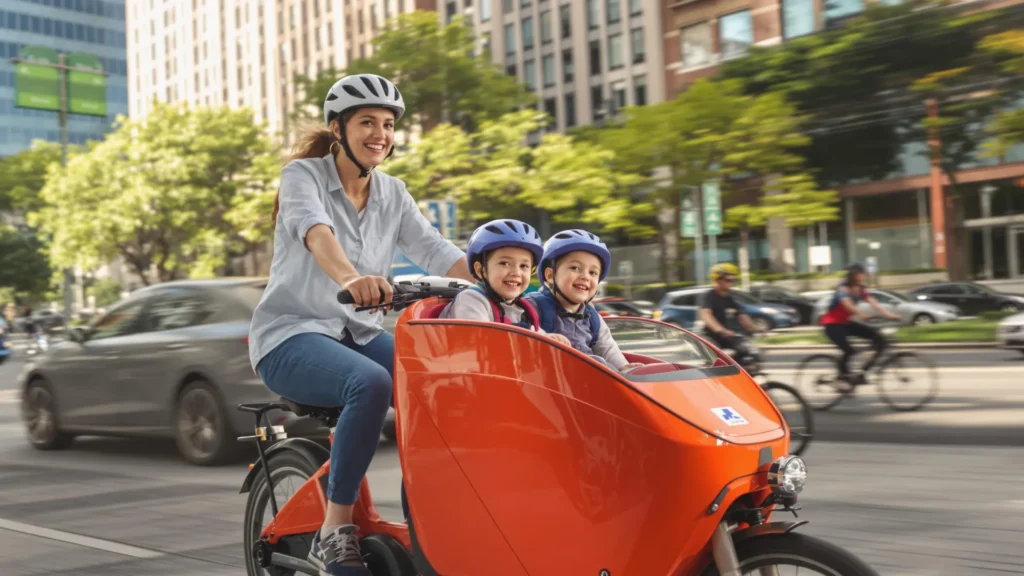 Une maman qui transporte ses enfants à l'école en vélo cargo électrique