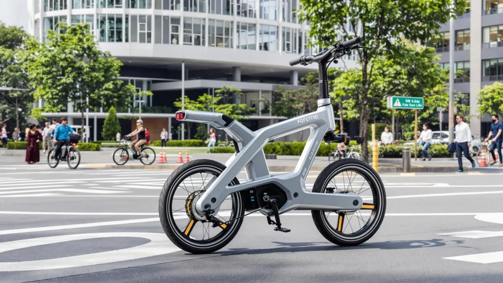 gros plan d'un vélo électrique pliable en centre ville