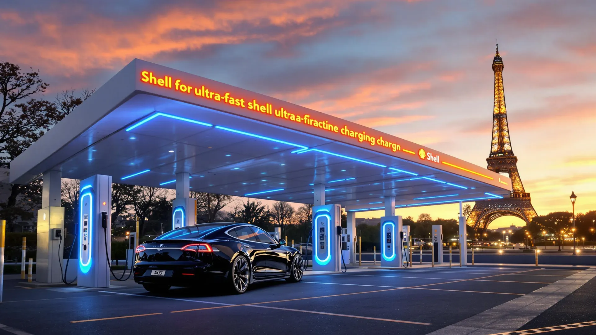 Une station Shell électrique devant la tour Eiffel