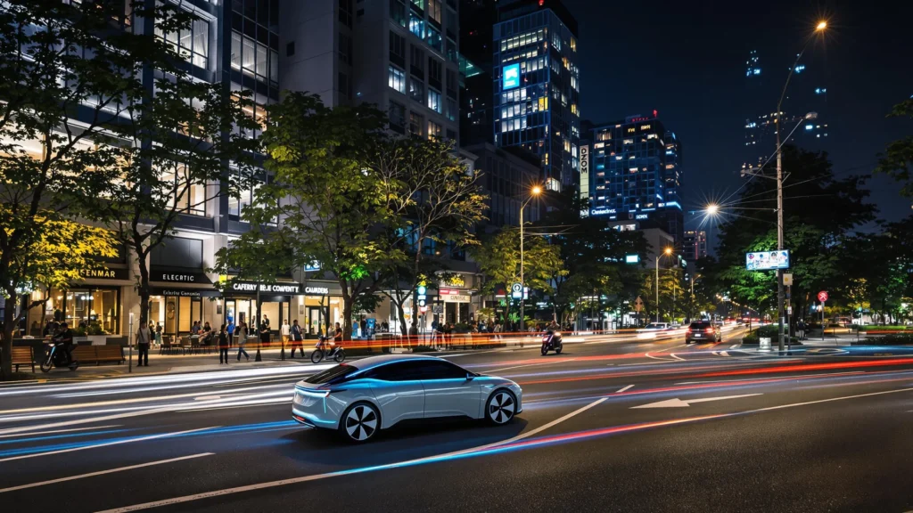 Vue de nuit d'un centre ville avec des effets de vitesse coloré